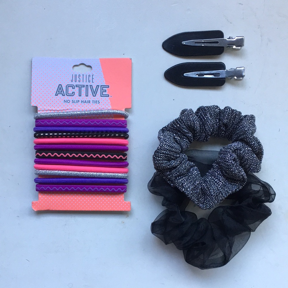 Justice Active No Slip Hair Ties Scrunchy Set Plastic Clips Pink Silver